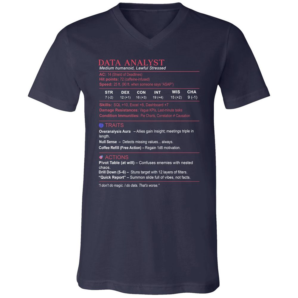 Data Analyst Stats Unisex V-Neck T-Shirt - Navy - 2
