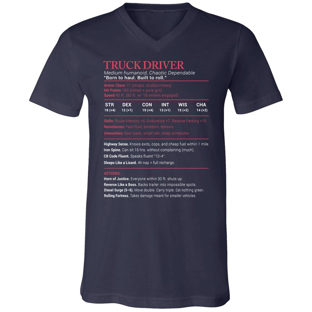 Truck Driver Stats Unisex V-Neck T-Shirt - Navy - 2