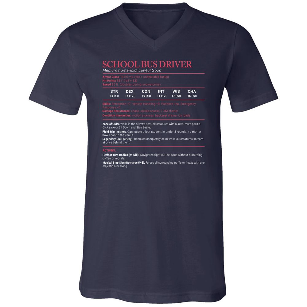 School Bus Driver Stats Unisex V-Neck T-Shirt - Navy - 2