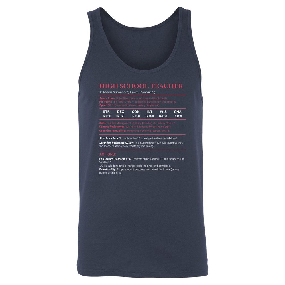 High School Teacher Stats Unisex Jersey Tank - Navy - 2