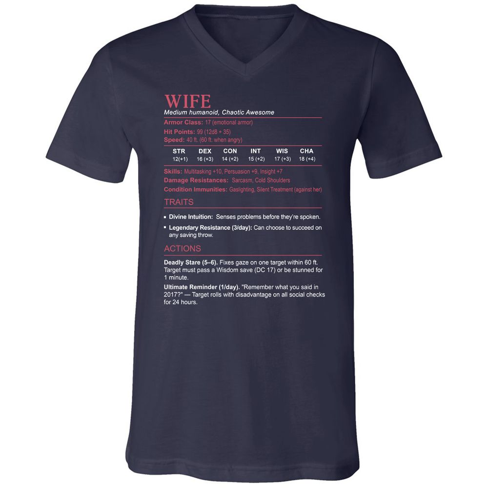 Wife Stats Unisex V-Neck T-Shirt - Navy - 2