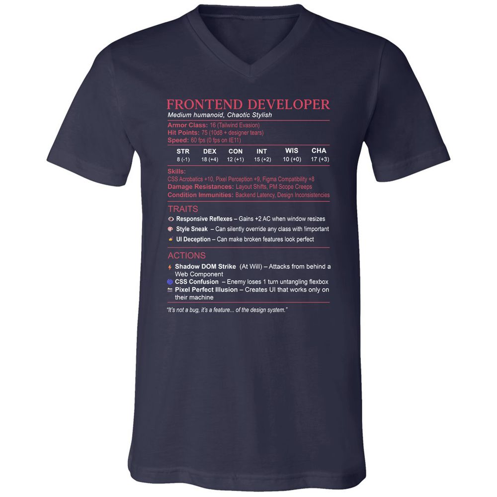 Frontend Developer Stats Unisex V-Neck T-Shirt - Navy - 2