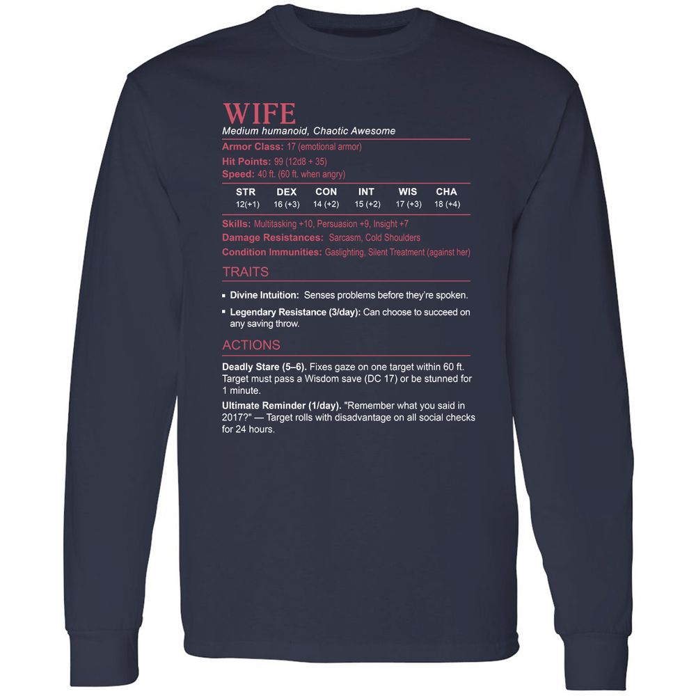 Wife Stats Long Sleeve T-Shirt - Navy - 2