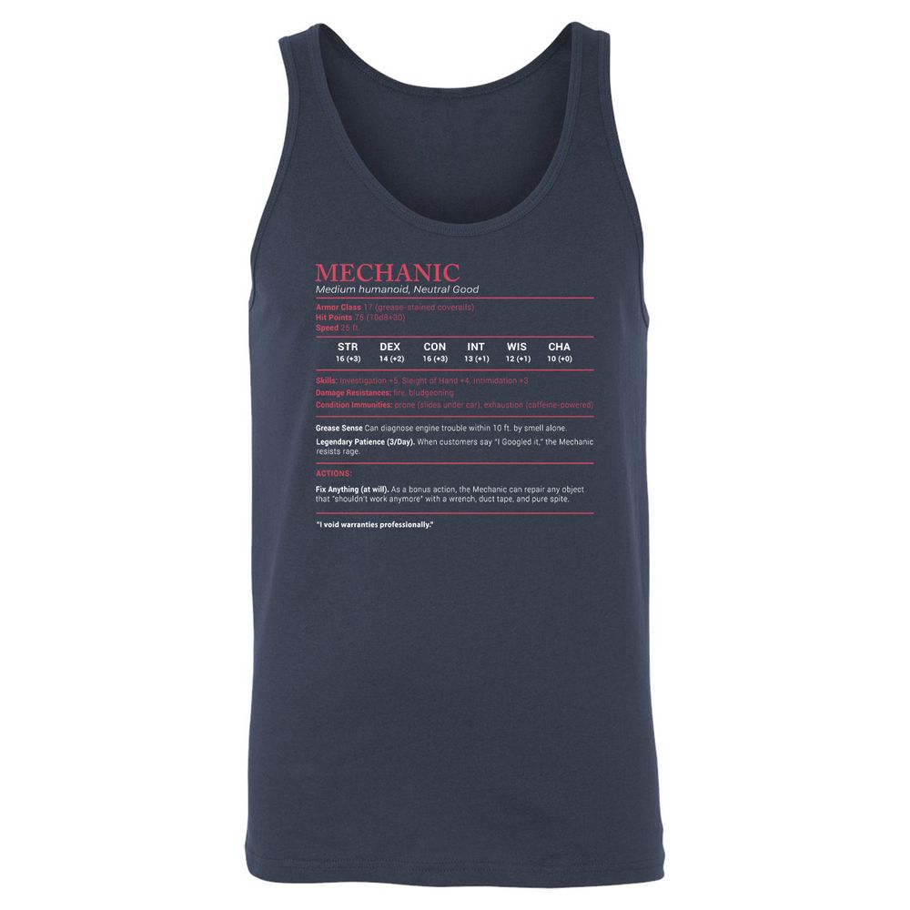 Mechanic Stats Unisex Jersey Tank - Navy - 2