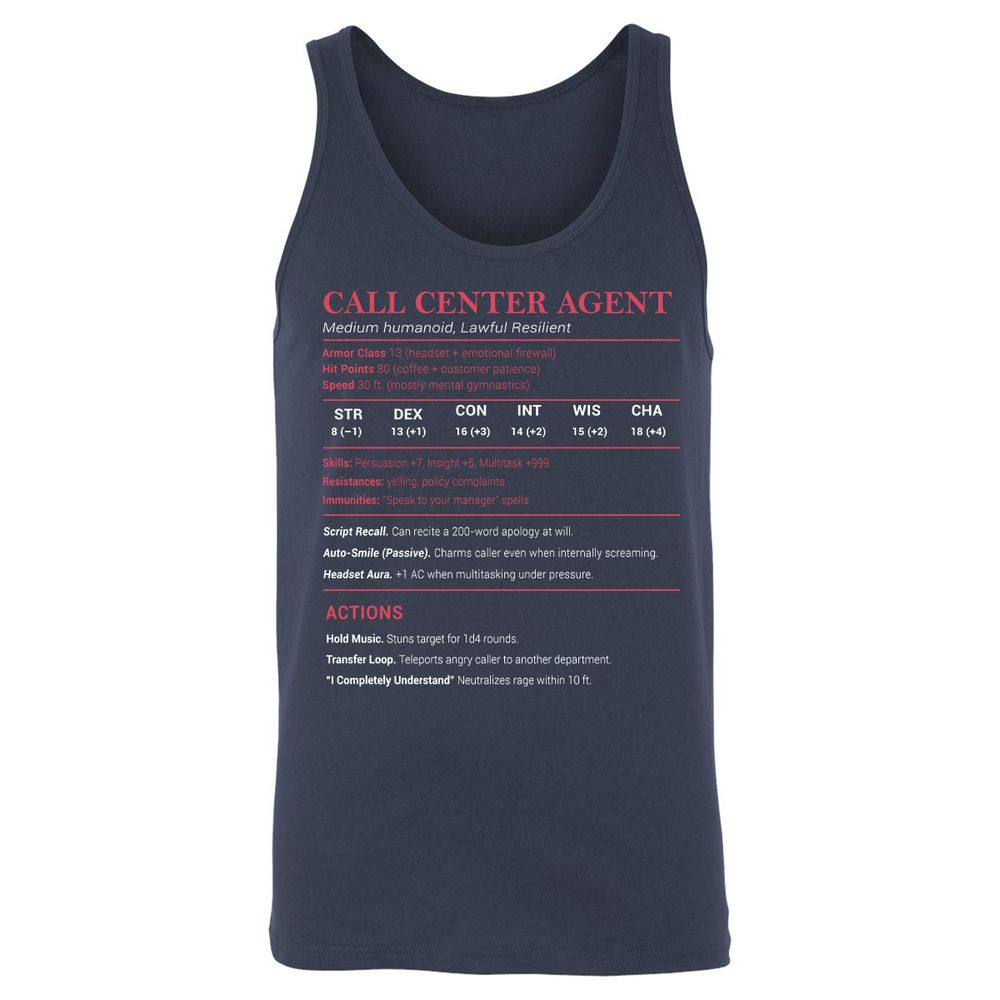 Call Center Agent Stats Unisex Jersey Tank - Navy - 2