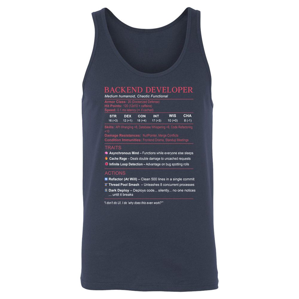 Backend Developer Stats Unisex Jersey Tank - Navy - 2