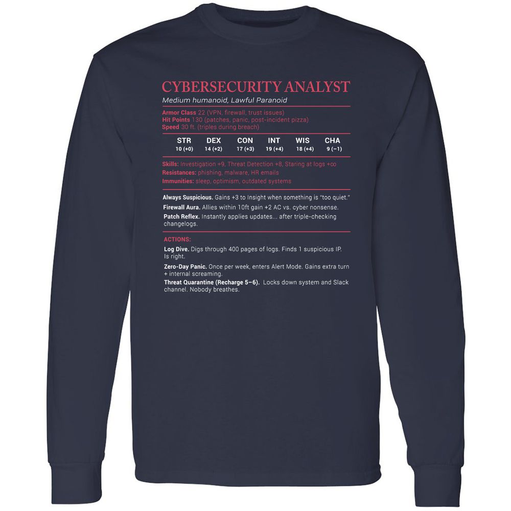 Cybersecurity Analyst Stats Long Sleeve T-Shirt - Navy - 2