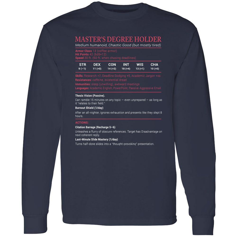 Master Degree's Holder Stats Long Sleeve T-Shirt - Navy - 2