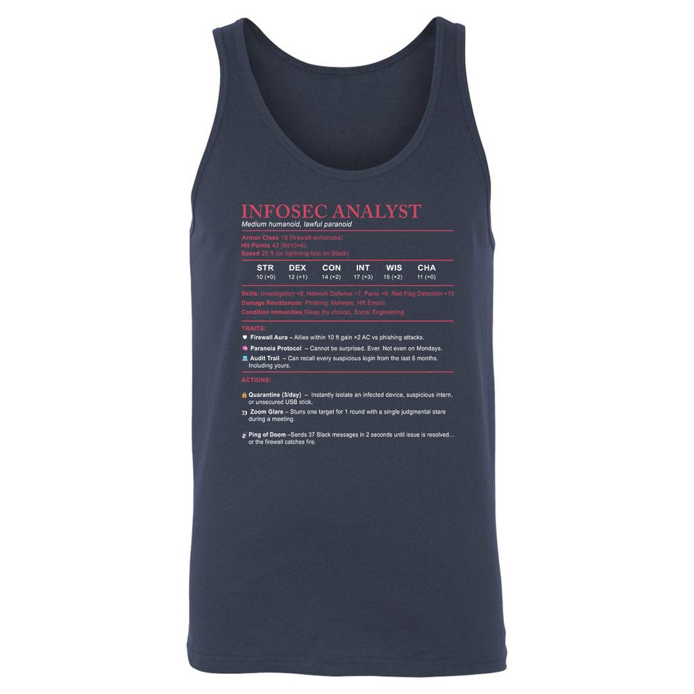 Information Security Analyst Stats Unisex Jersey Tank - Navy - 2