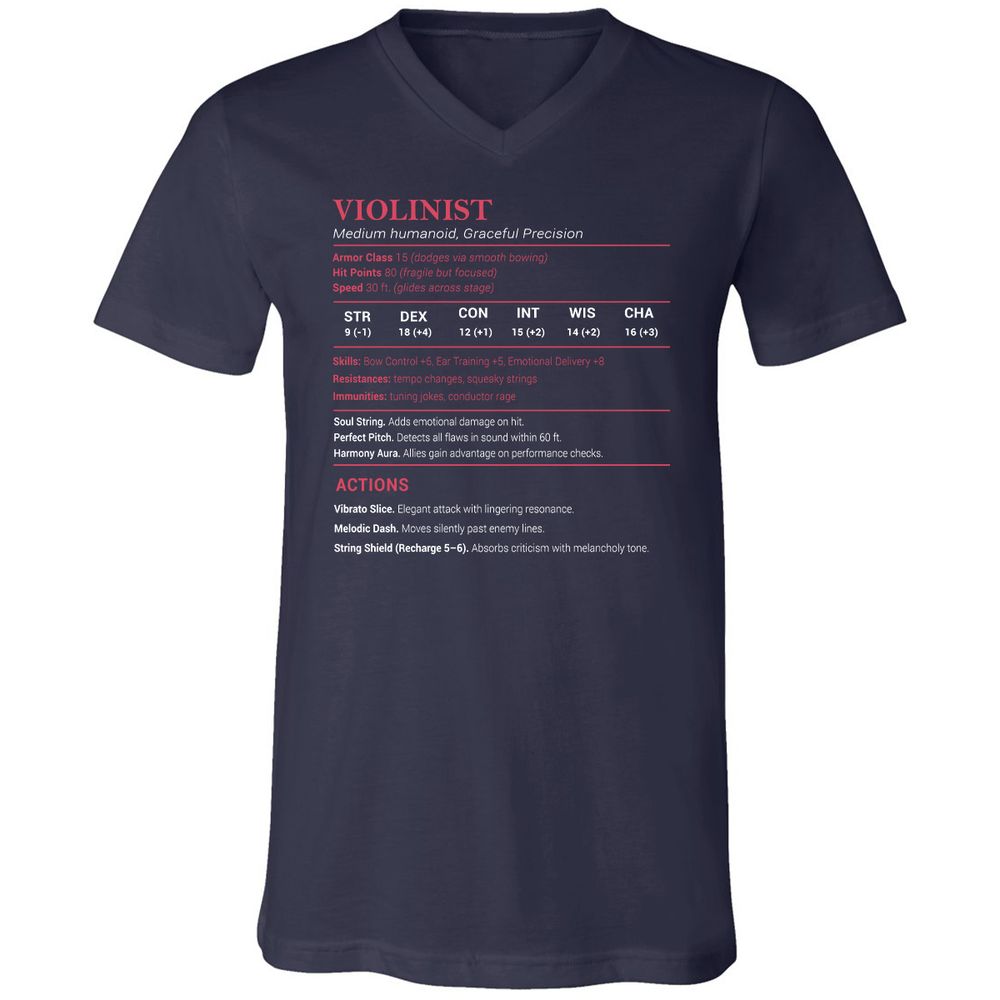 Violinist Stats Unisex V-Neck T-Shirt - Navy - 2