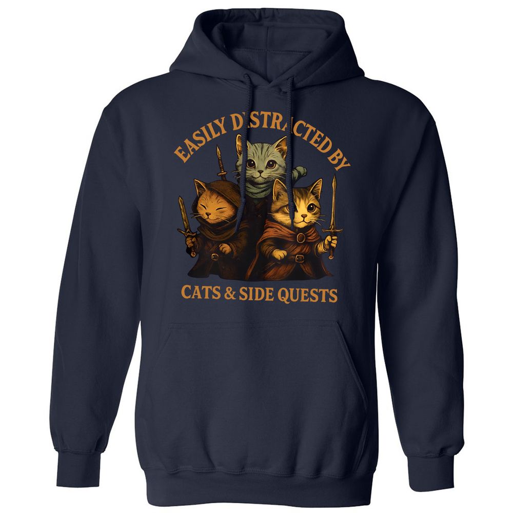 Easily Distracted By Cats & Side Quests Classic Unisex Hoodie - Navy - 2