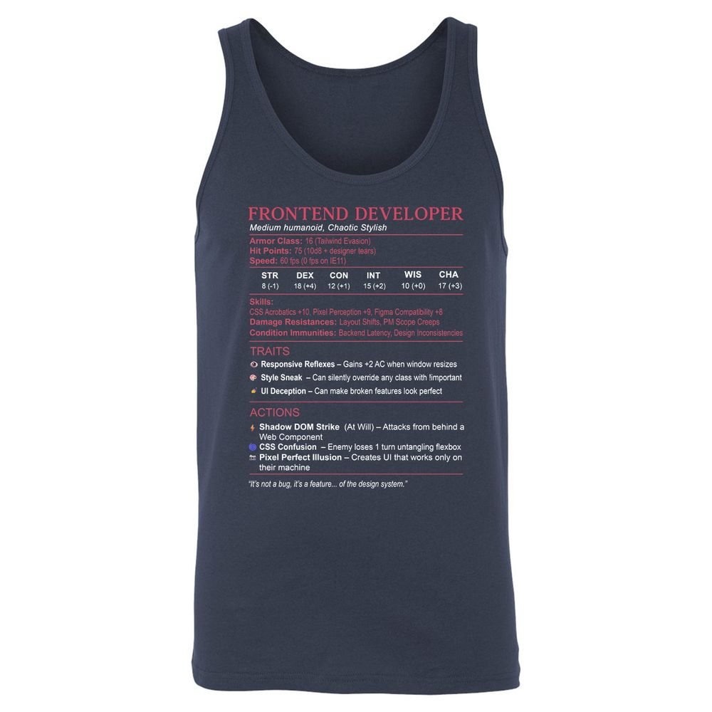 Frontend Developer Stats Unisex Jersey Tank - Navy - 2