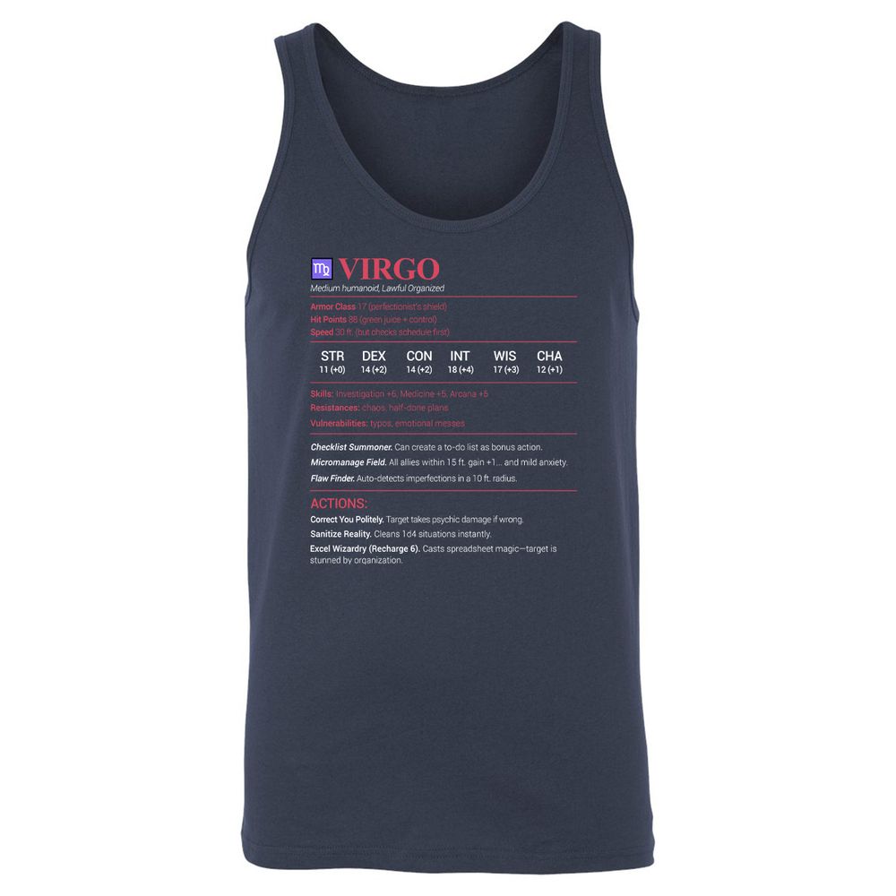 Virgo Stats Unisex Jersey Tank - Navy - 2