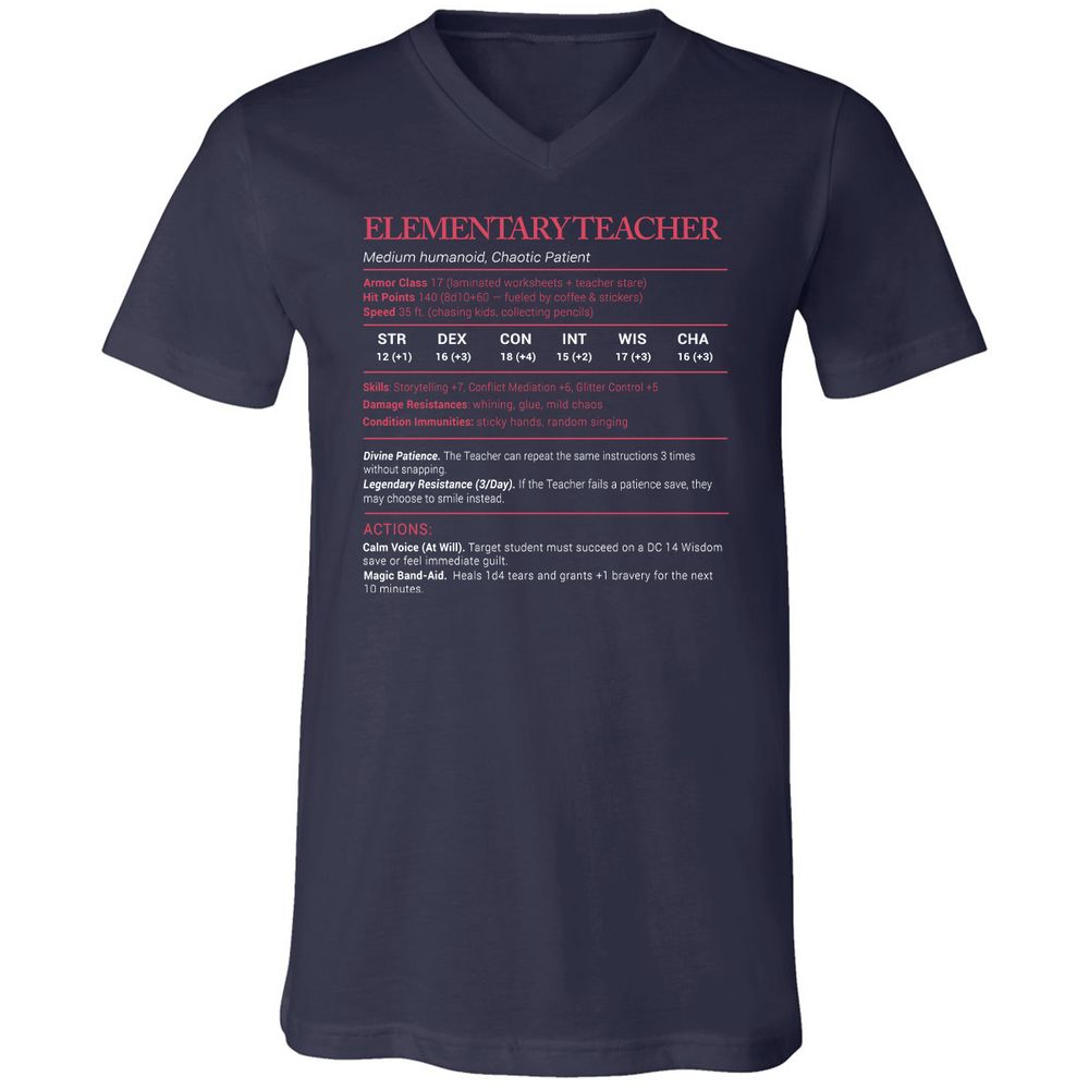 Elementary Teacher Stats Unisex V-Neck T-Shirt - Navy - 2