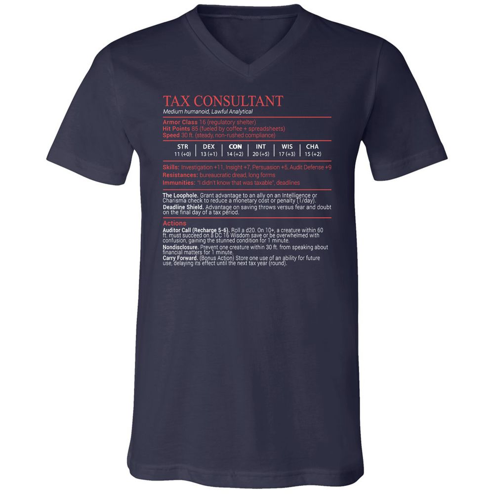 Tax Consultant Stats Block Unisex V-Neck T-Shirt - Navy - 2