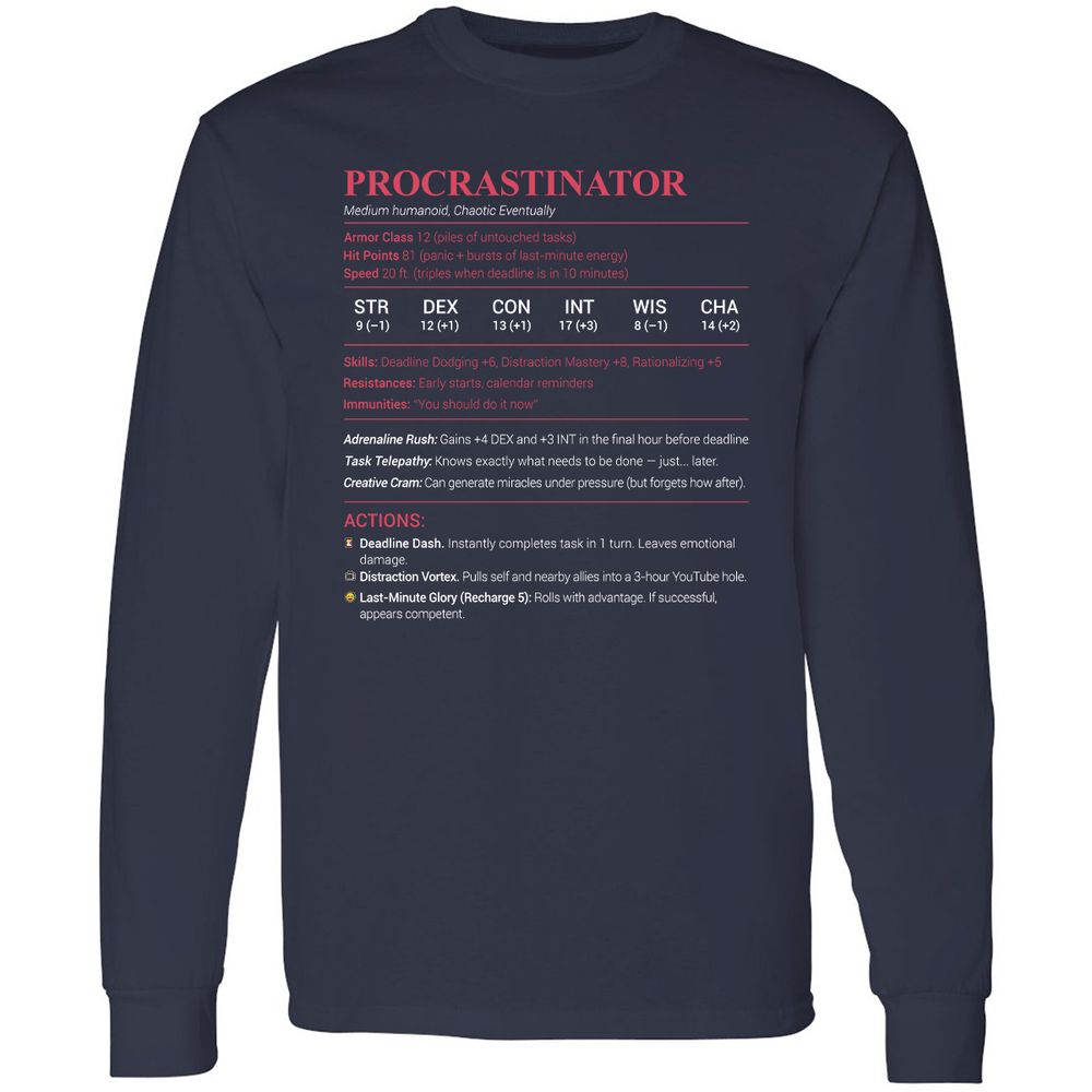 Procrastinator Stats Long Sleeve T-Shirt - Navy - 2