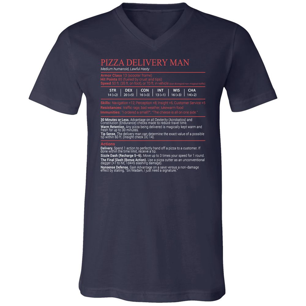 Pizza Delivery Man Stats Block Unisex V-Neck T-Shirt - Navy - 2