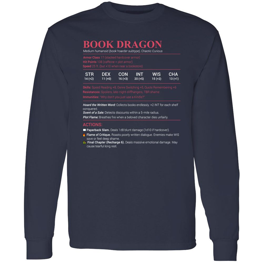 Book Dragon Stats Long Sleeve T-Shirt - Navy - 2