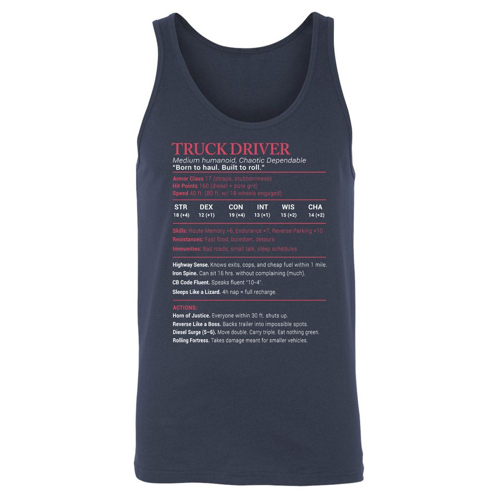 Truck Driver Stats Unisex Jersey Tank - Navy - 2