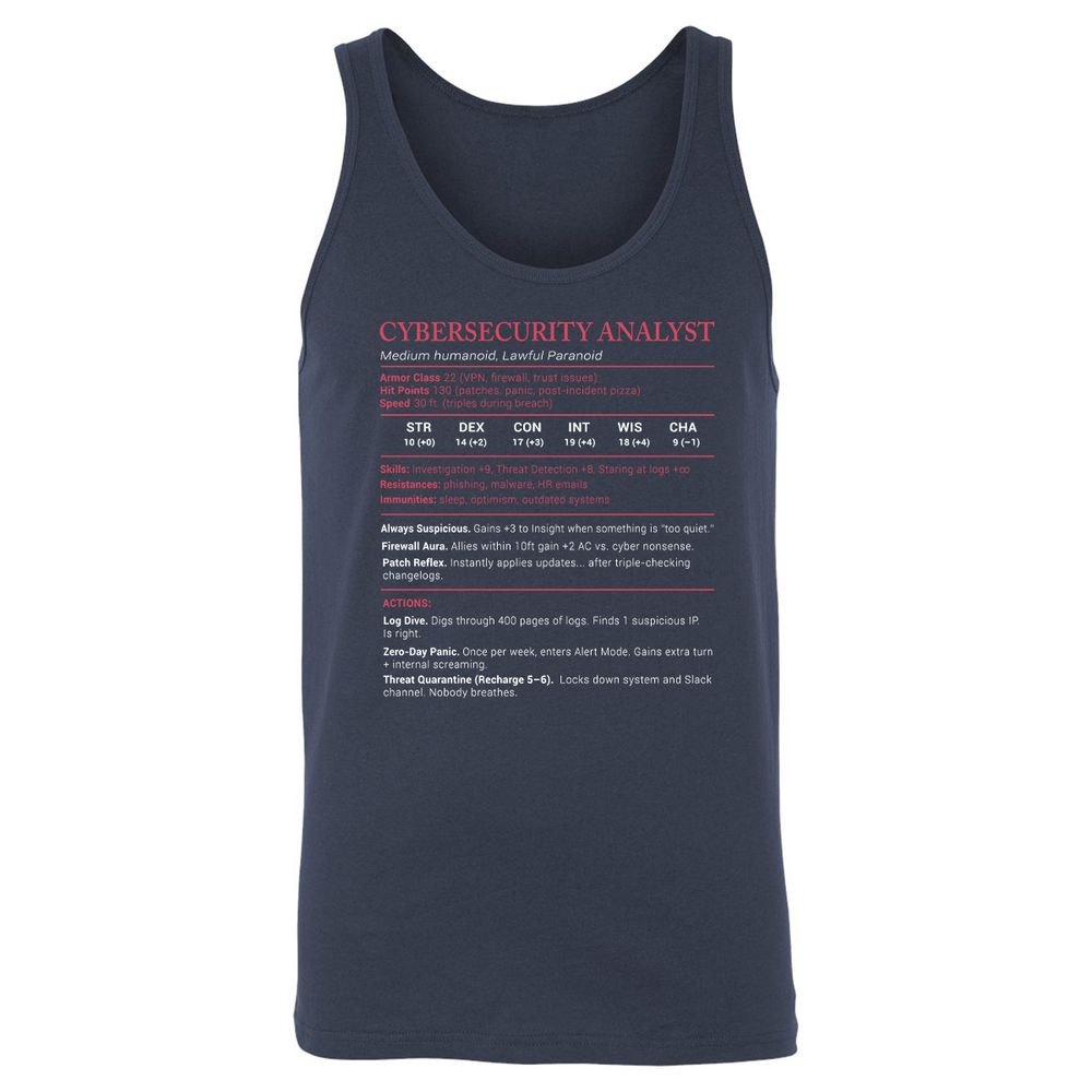 Cybersecurity Analyst Stats Unisex Jersey Tank - Navy - 2