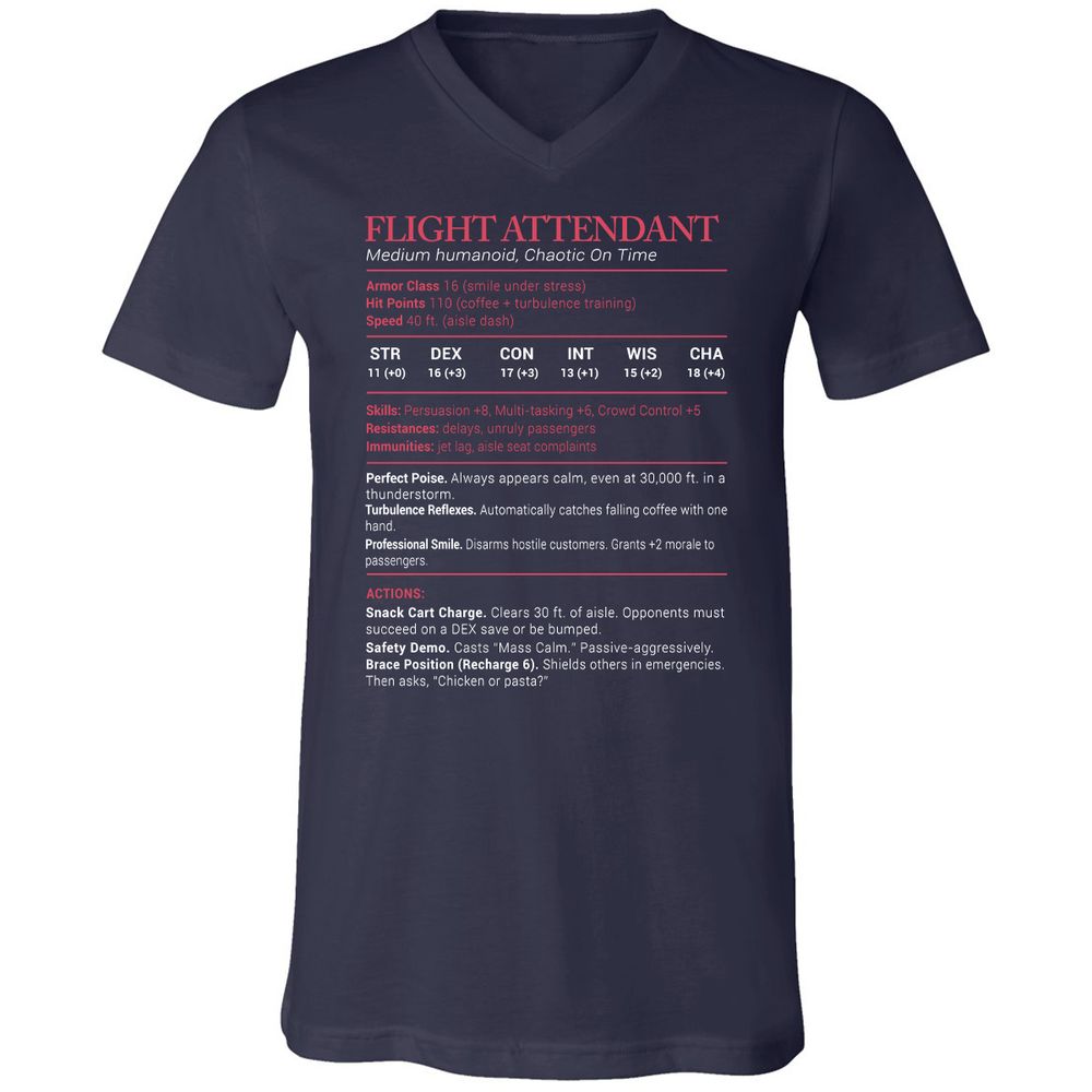 Flight Attendant Stats Unisex V-Neck T-Shirt - Navy - 2