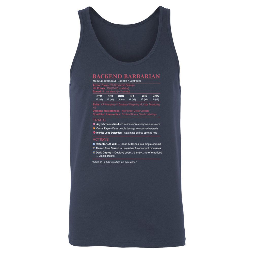 Backend Barbarian Stats Unisex Jersey Tank - Navy - 2