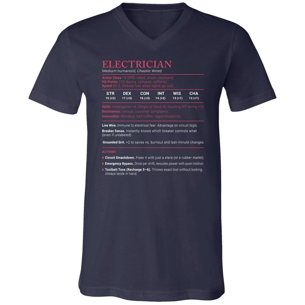 Electrician Stats Unisex V-Neck T-Shirt - Navy - 2