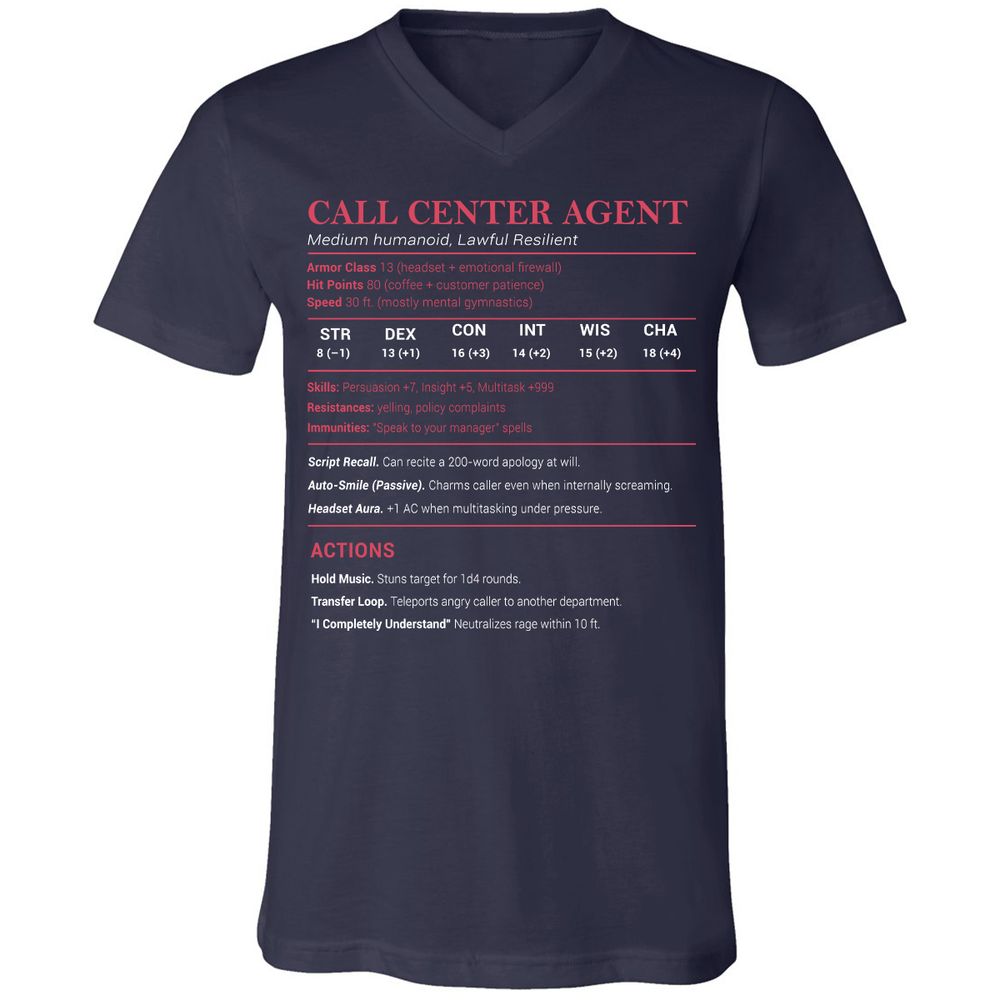 Call Center Agent Stats Unisex V-Neck T-Shirt - Navy - 2
