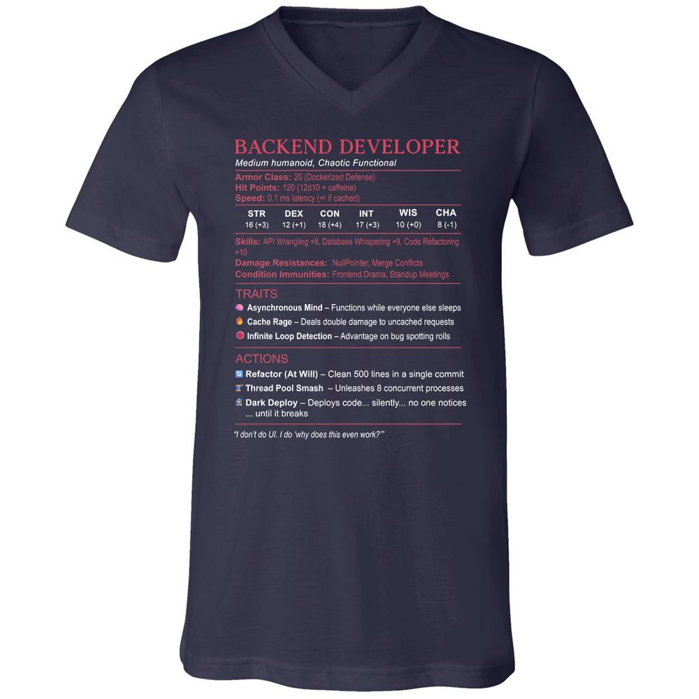 Backend Developer Stats Unisex V-Neck T-Shirt - Navy - 2