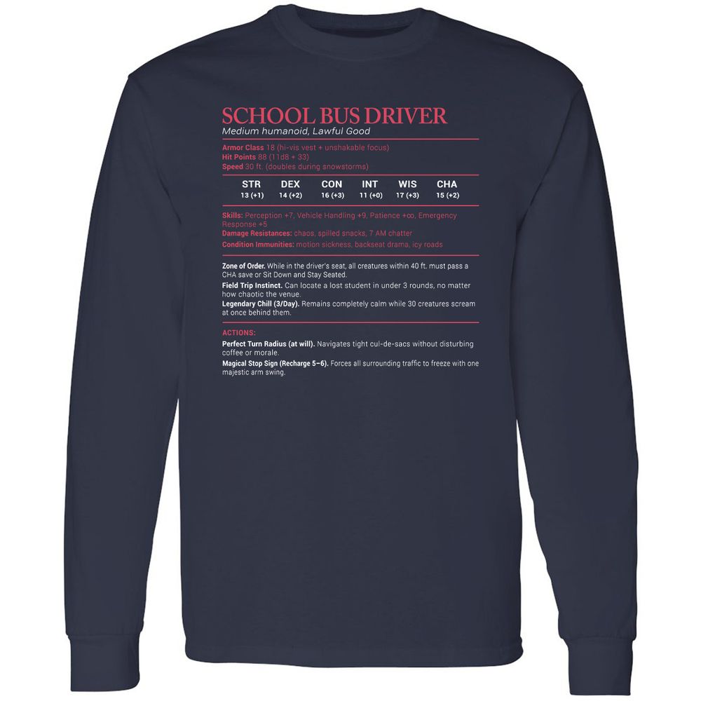 School Bus Driver Stats Long Sleeve T-Shirt - Navy - 2