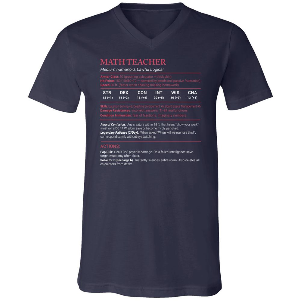 Math Teacher Stats Unisex V-Neck T-Shirt - Navy - 2