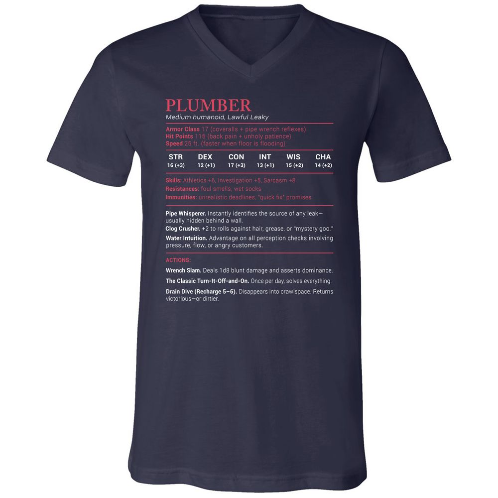 Plumber Stats Unisex V-Neck T-Shirt - Navy - 2