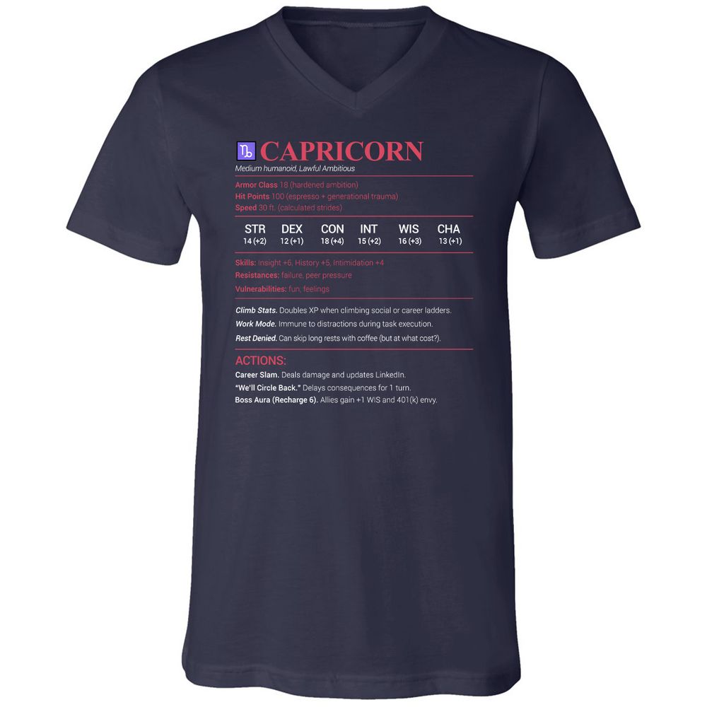 Capricorn Stats Unisex V-Neck T-Shirt - Navy - 2