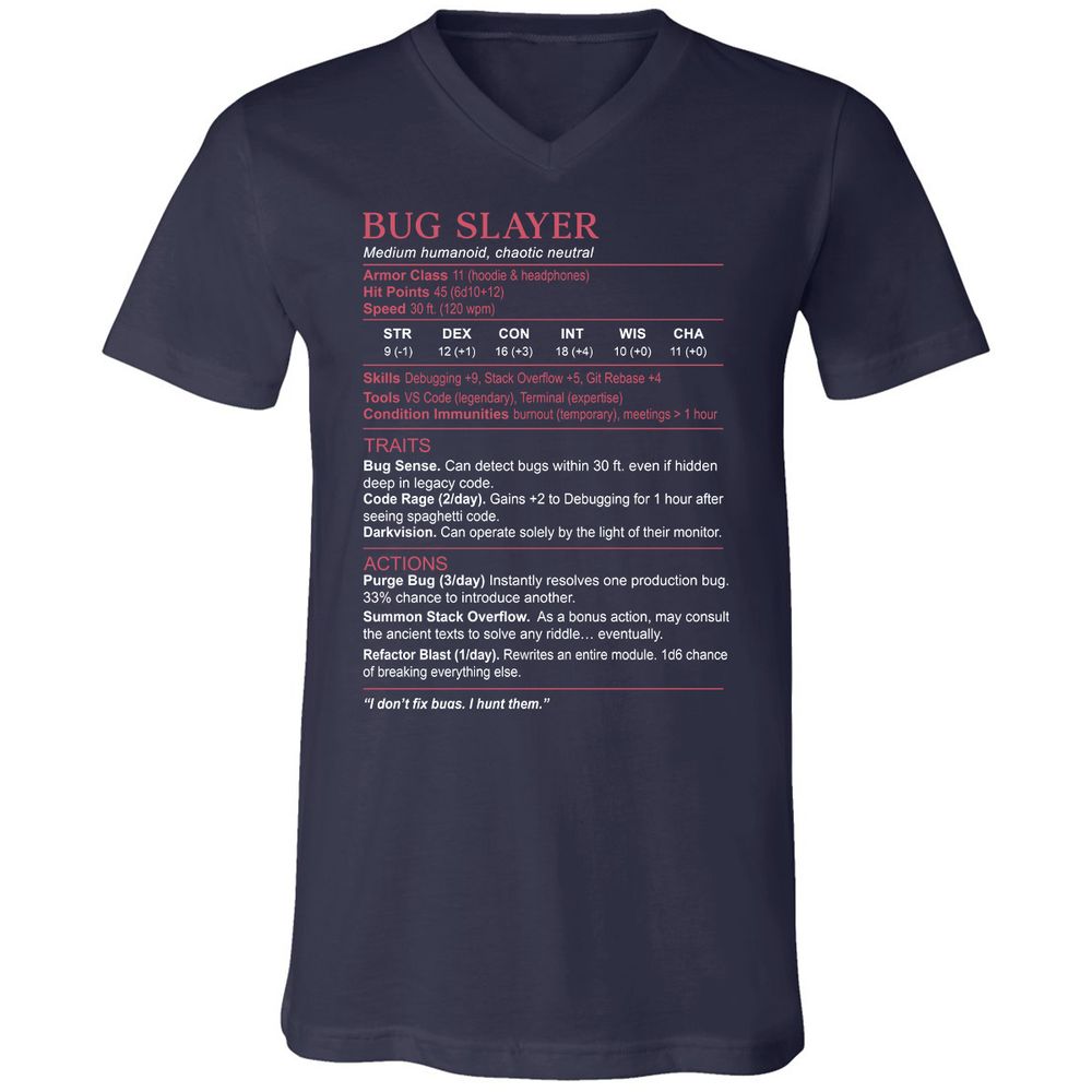 Software Engineer Stats (Bug Slayer) Unisex V-Neck T-Shirt - Navy - 2