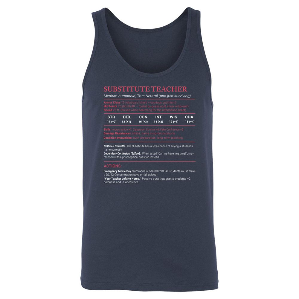 Substitute Teacher Stats Unisex Jersey Tank - Navy - 2