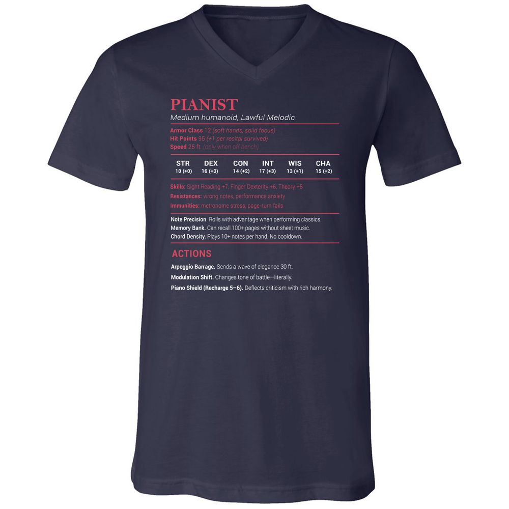 Pianist Stats Unisex V-Neck T-Shirt - Navy - 2