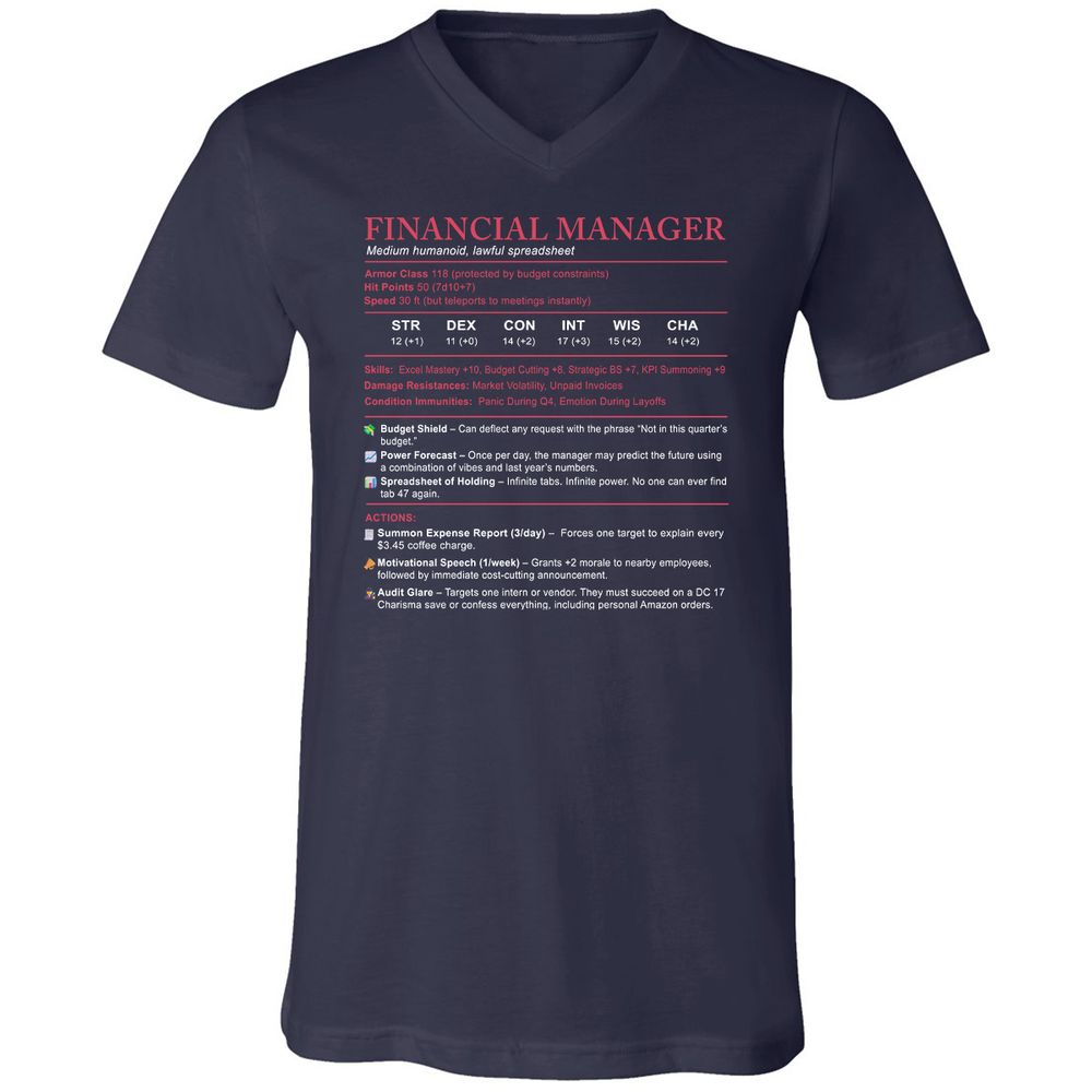 Financial Manager Stats Unisex V-Neck T-Shirt - Navy - 2