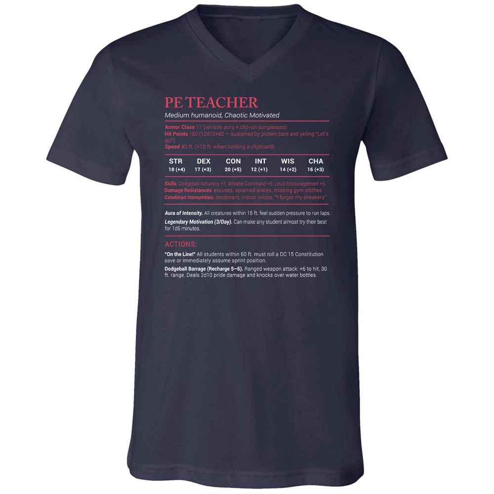 PE Teacher Stats Unisex V-Neck T-Shirt - Navy - 2
