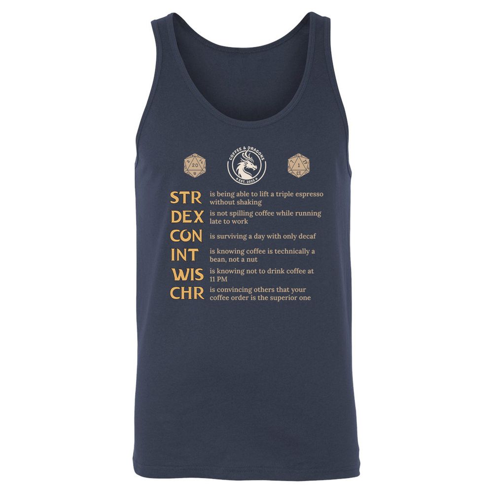 Coffee & Dragons RPG Stats Unisex Jersey Tank - Navy - 2
