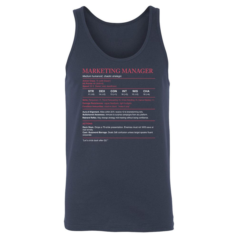 Marketing Manager Stats Unisex Jersey Tank - Navy - 2