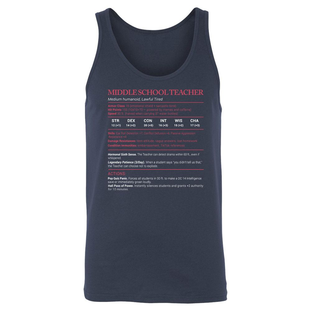 Middle School Teacher Stats Unisex Jersey Tank - Navy - 2