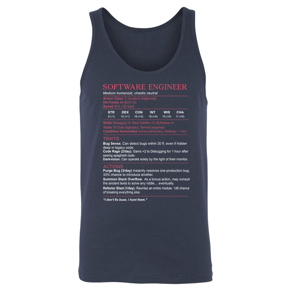 Software Engineer Stats Unisex Jersey Tank - Navy - 2