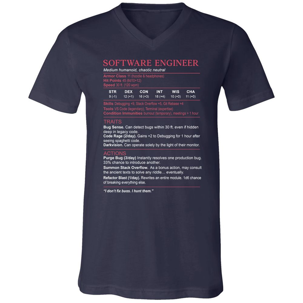 Software Engineer Stats Unisex V-Neck T-Shirt - Navy - 2