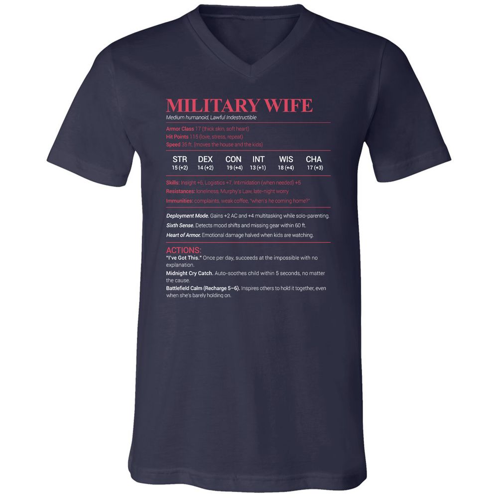 Military Wife Stats Unisex V-Neck T-Shirt - Navy - 2