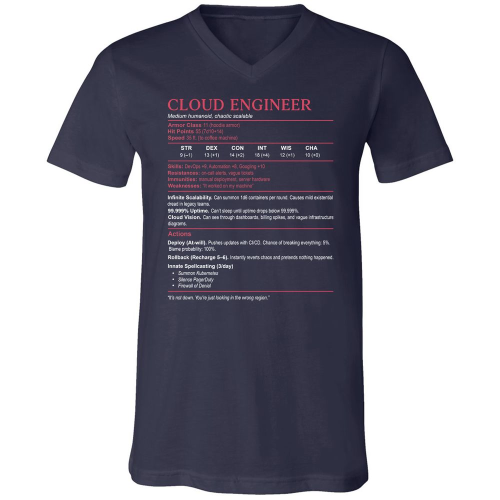 Cloud Engineer Stats Unisex V-Neck T-Shirt - Navy - 2