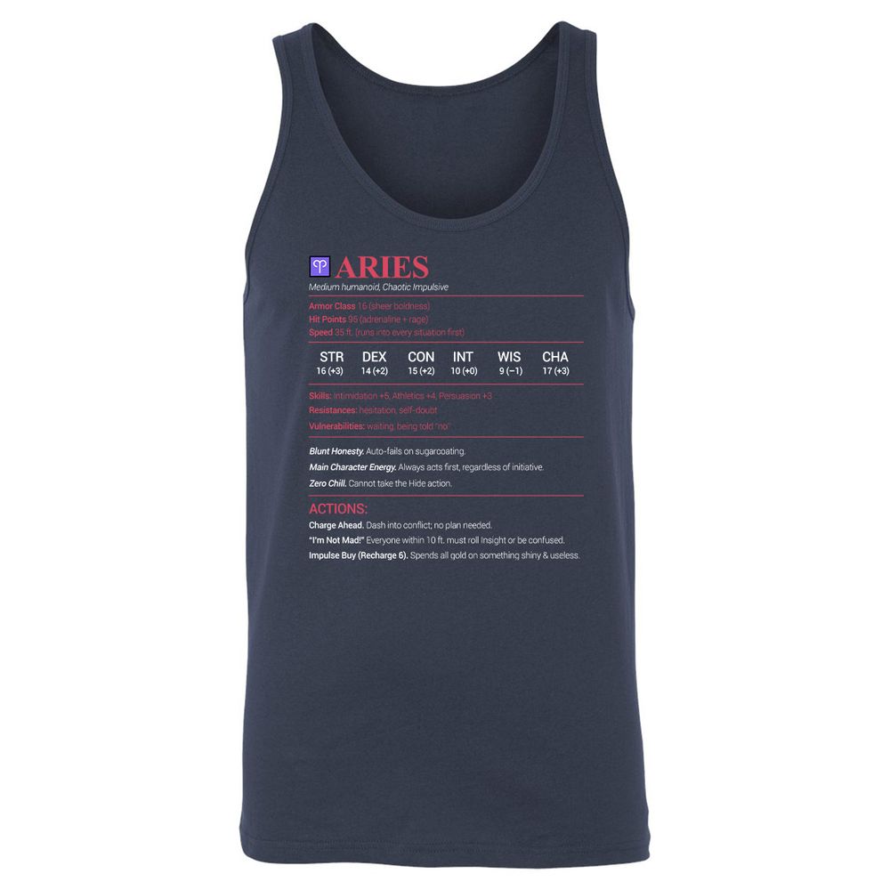 Aries Stats Unisex Jersey Tank - Navy - 2