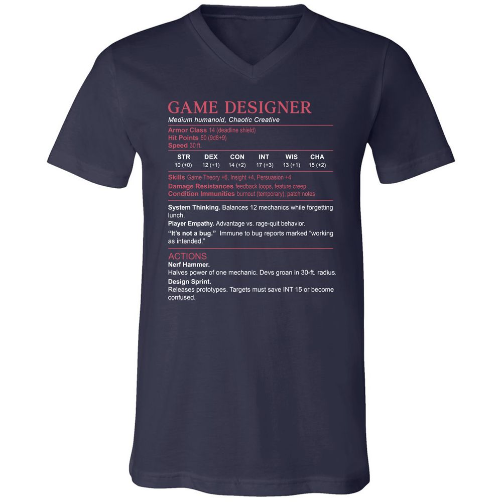 Game Designer Stats Unisex V-Neck T-Shirt - Navy - 2