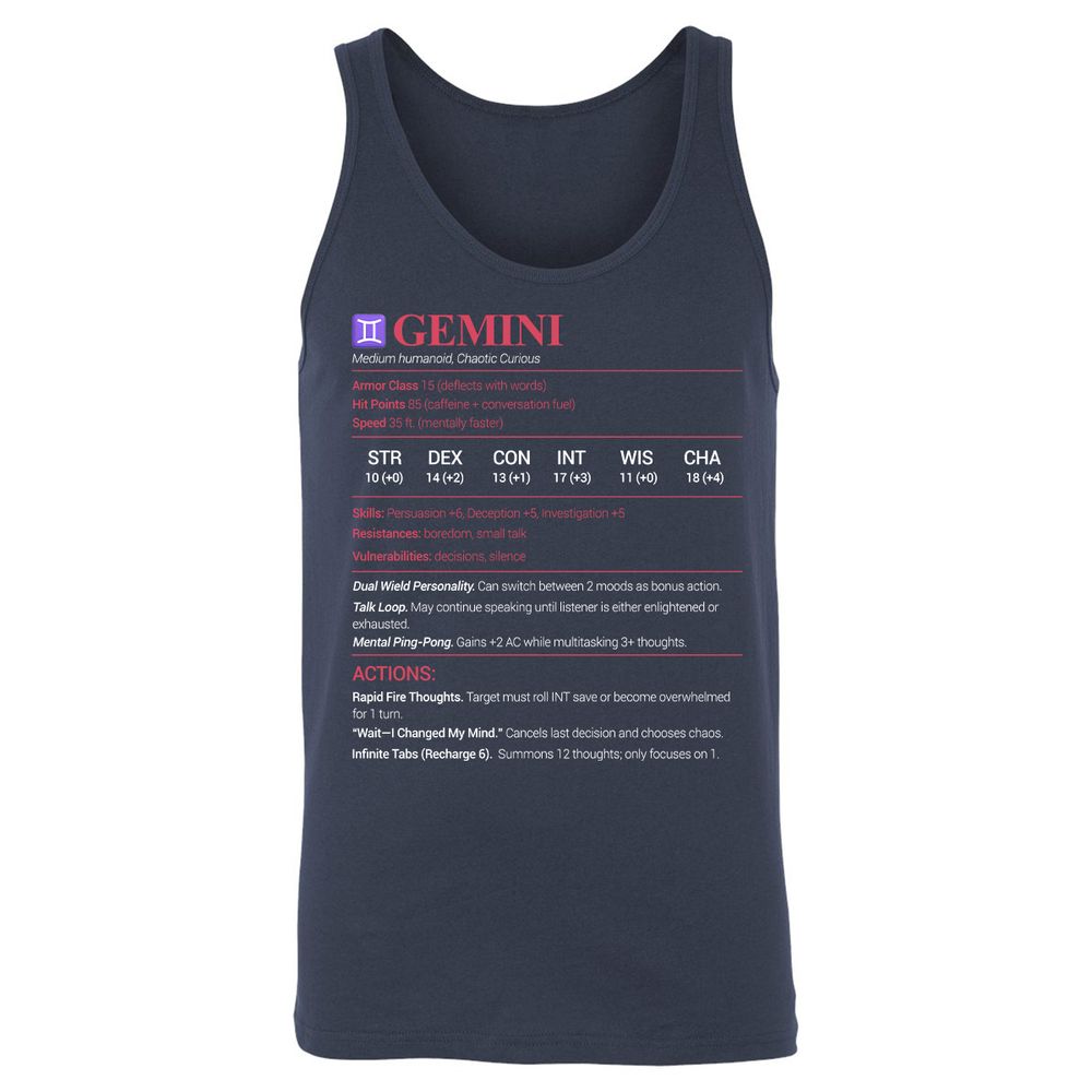 Gemini Stats Unisex Jersey Tank - Navy - 2