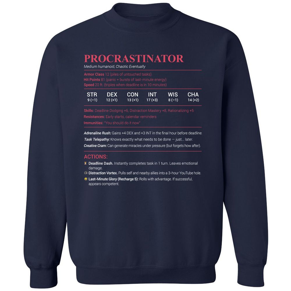 Procrastinator Stats Classic Unisex Sweatshirt - Navy - 2