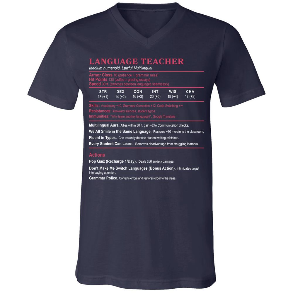 Language Teacher Unisex V-Neck T-Shirt - Navy - 2